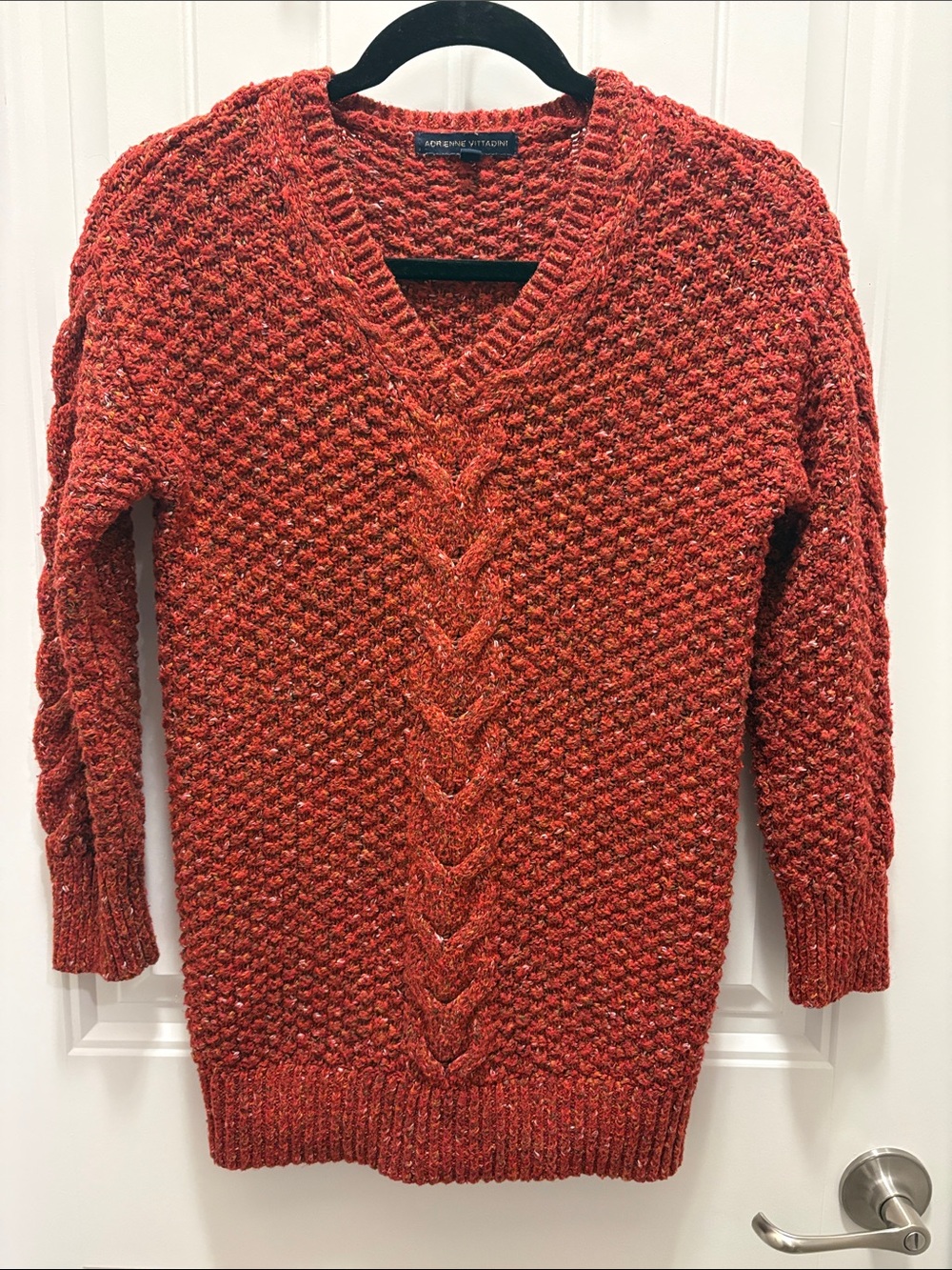 Adrienne Vittadini Small Rust Marled Cable Knit V Neck Tunic Sweater